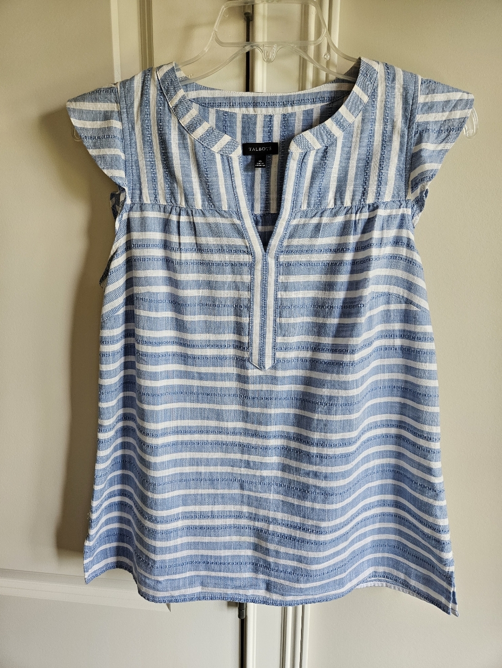 Talbots Blue and White Striped Split-V Cap Sleeve Top